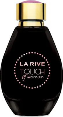 A black perfume bottle with a gold cap and pink accents on a white background.