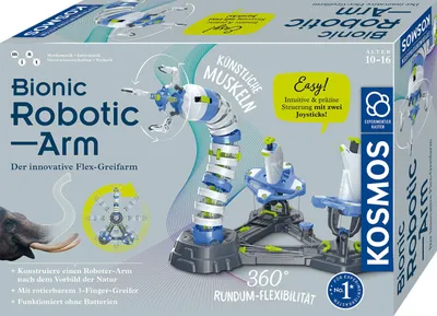 The image shows the packaging of a KOSMOS Bionic Robotic Arm experiment kit. The packaging features a prominent image of the assembled robotic arm, along with descriptive text and branding.