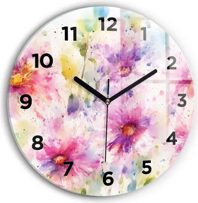 Produktbild von Wallfluent Wanduhr – Stilles Quarzuhrwerk - Uhr Dekoration Wohnzimmer Schlafzimmer Küche - Zifferblatt - schwarze Zeiger - 30 cm - Gemalte Blumen