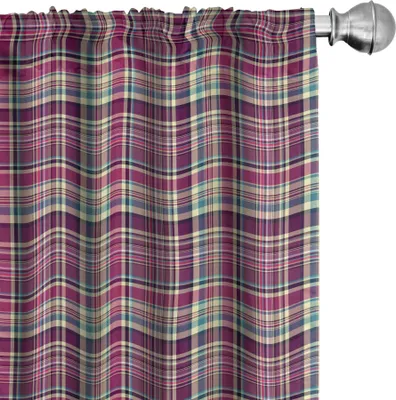 Image de ABAKUHAUS Rideaux à carreaux, rideaux, motif écossais vintage violet, carreaux traditionnels rétro abstraits, 2 pièces 75 x 225 cm, crème bleu violet