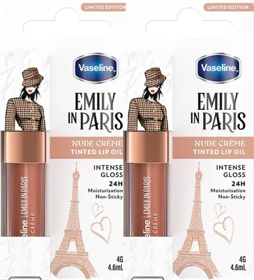 Produktbild von Vaseline x Emily in Paris Lip Oil Nude Crème, getönter Lipgloss für vollere Lippen, (Nude Crème - 2 x4g)