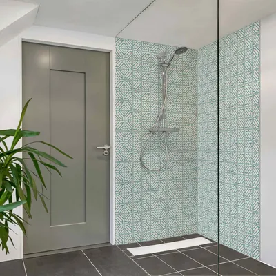 Produktbild von Duschrückwand mit Motiv selbstklebend - 0.35 mm Wandpaneel wasserfest Design türkis Fliesenoptik Illustration Badrückwand fugenlos  Smart matt 80x210 cm