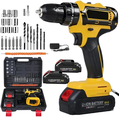 Produktbild von Akku Bohrschrauber Set - 18V kabellose Bohrmaschine - 45 Nm Drehmoment - 2 Gänge - 25+3 Drehmomentstufen - 2 Akkus & Ladegerät - LED-Licht