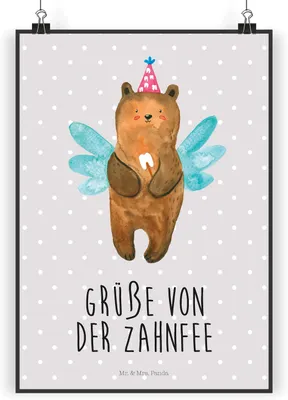 Produktbild von Mr. & Mrs. Panda Bild Bär Zahnfee DIN A3 - Grau Pastell - Geschenk, Plakat, Milchzahn, drucke, wanddeko, Erster Zahn, Wanddekoration, Teddy, Fee, Wandbild