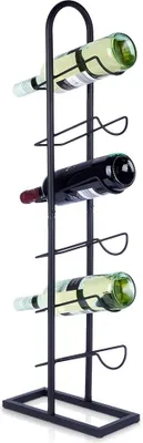 A black metal wine rack holding four bottles of wine, presented on a white background.