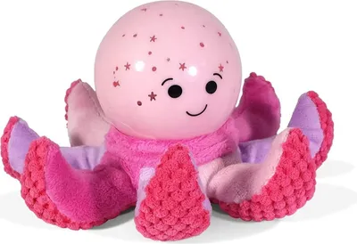 A pink plush octopus toy with purple accents, sitting on a white background.