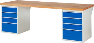 Produktbild von Werkbank mit 8 Schubladen - Teilauszug - 150:6 / 270:2 - 840 x 2.500 x 900 mm (HxBxT) - Traglast 1.000 kg - Buche