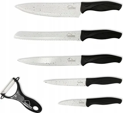 Produktbild von SwissHome Set mit 5 Messern und Gemüseschäler, hochwertiges Set, schwarze und weisse Messer SH9380