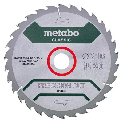 Image de Lame de scie circulaire METABO Classic "Precision Cut Wood" 628062000 - HW/CT - 216x30mm - 30WZ - 22°