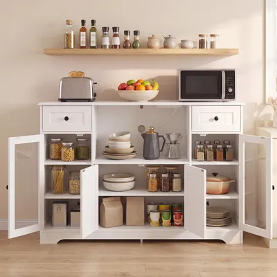 Produktbild von Küchensideboard BEALIFE 120x40x82 cm mit EU-Steckdose & Acryltüren | Mehrere Fächer, Kabeldurchführung | Weiß | AP135