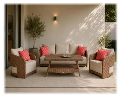 Produktbild von Gartenmöbel Set Sofa 2 Sessel Beige Modern Terrasse Lounge Set