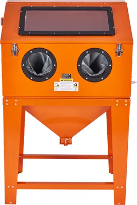 A front view of an orange sandblasting cabinet on a white background.