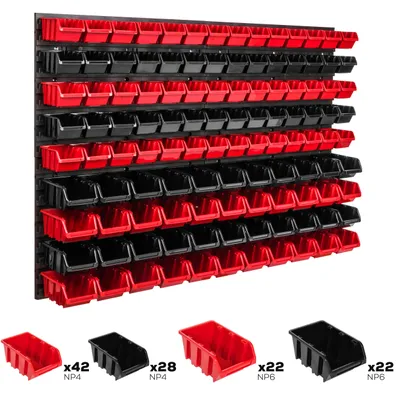 A wall-mounted storage system with multiple red and black bins, displayed in a workshop or garage setting. Below the main unit, individual bins of different sizes are shown with quantity labels.