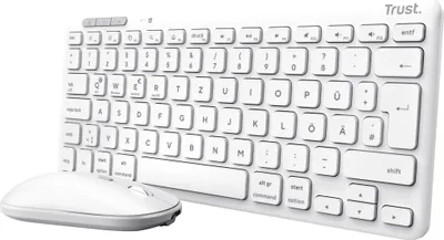 A white wireless keyboard and mouse set is displayed against a white background.