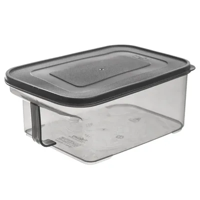 A clear plastic food storage container with a dark gray lid, shown from a slightly elevated side angle against a white background.