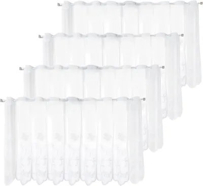 Image de Rideaux en dentelle - Lot de 4 - Rideaux de style bistrot - Rideaux courts - Motifs floraux - Blanc - Semi-transparents - Dentelle brodée - Modernes - Courts