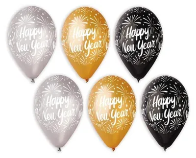 Produktbild von 6 Luftballons Silvester Happy New Year schwarz gold silber
