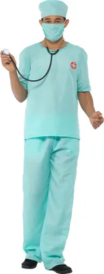 A person wearing a doctor's costume, including scrubs, a surgical cap, and a mask, holding a stethoscope.