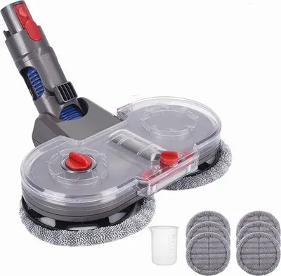 A close-up product shot of a vacuum cleaner attachment with cleaning pads and a measuring cup.