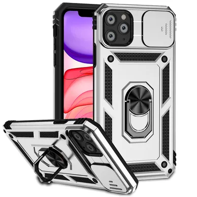 Immagine prodotto di Custodia per iPhone 11 Pro a doppio strato con cover fotocamera scorrevole e supporto ad anello Argento