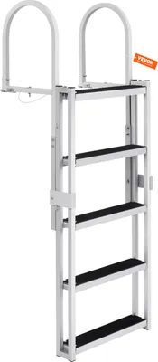 A white aluminum dock ladder with black steps is shown against a white background.