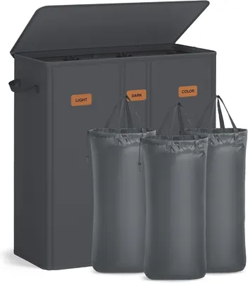 Immagine prodotto di Cesto portabiancheria con 3 scomparti - Contenitore per biancheria con coperchio - 160 litri - Sacchi removibili - Grigio scuro