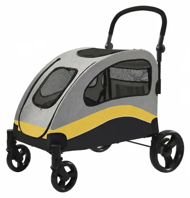 Immagine prodotto di Carrello per animali domestici - Passeggino per cani - Per cani di taglia media fino a 60 kg - Pieghevole - Ruote in gomma a 360° - Rete traspirante - Giallo-grigio