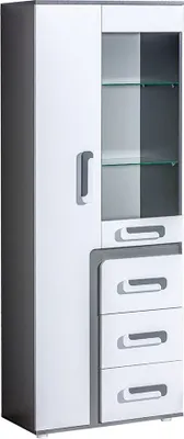 Obrázek produktu pro Nábytek24 Vitrína Apetito Ap15 Vitrína Skříňka do obývacího pokoje se 2 dvířky a 3 zásuvkami bílá/šedá