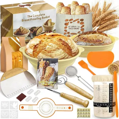 Obrázok produktu pre Súprava na pečenie kváskového chleba, 2 silikónové ošatky okrúhla 23 cm a oválna 25 cm, príslušenstvo, pre