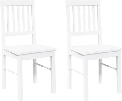 Two white wooden chairs are shown against a white background.