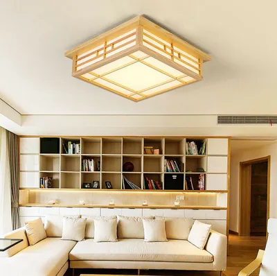 Image de Plafonnier LED en bois Plafonnier à intensité variable Lampes japonaises Lampe de salon 45x45cm