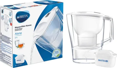 A box and a Brita water filter pitcher are shown against a white and light gray background.