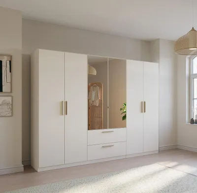 Produktbild von Kleiderschrank Drehtürenschrank Quadra-Spin | 6-türig | mit Spiegeltüren & Schubkästen | alpinweiß | 271x210 | Griff Skandi