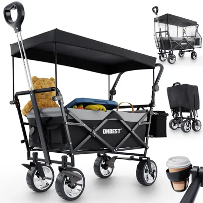 Produktbild von ONBEST Bollerwagen | faltbar | mit Dach | mit Regenschutz | 100 kg | Kühltasche | Wetterfest | UV30+