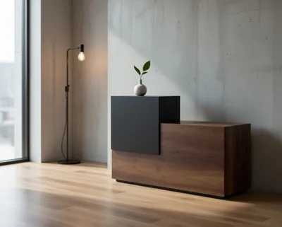 Immagine prodotto di Banco reception in legno nero, design moderno, ideale per l'ingresso di un ufficio