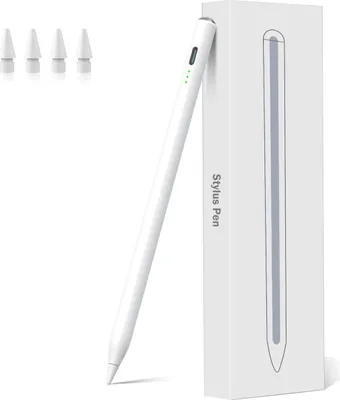 A white stylus pen and its packaging are displayed against a white background, with four replacement tips shown to the left.