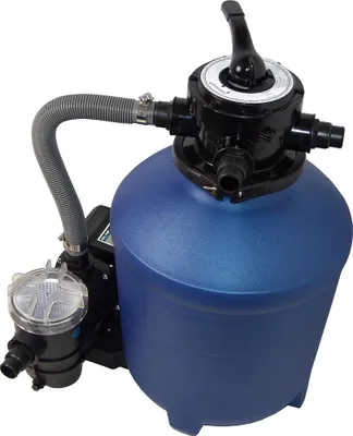 A blue sand filter system with a black pump and control valve, shown against a white background.