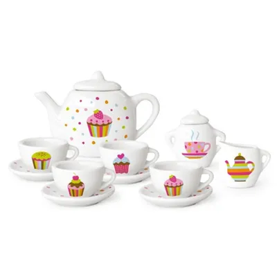 Immagine prodotto di Servizio da tè Simply in porcellana, set da tavola per bambini a forma di cupcake, valigetta giocattolo