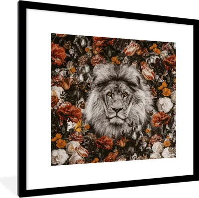 Produktbild von MuchoWow® MuchoWow® Gerahmtes Poster Blumen - Löwe - Porträt 40x40 cm - Poster mit zchwarzem Bilderrahmen - Poster - Plakat im Rahmen