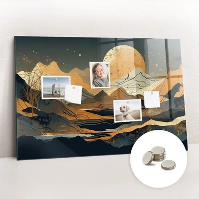 Imagen del producto de Pizarra magnética de pared, con superficie de vidrio y diseño curvo. Incluye 5 imanes. Dimensiones: 90x60 cm. Diseño: paisaje abstracto