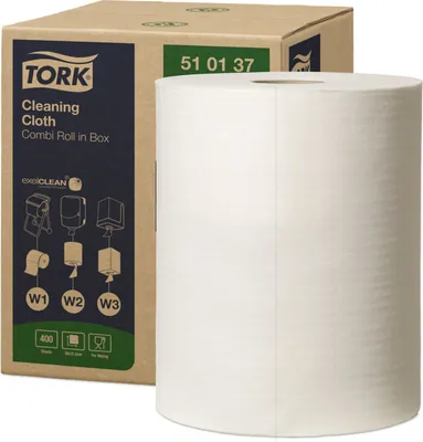 Zdjęcie produktu dla Tork - Ściereczka czyszcząca z włókniną 400vel biała 510137 | Rolka 400 arkuszy