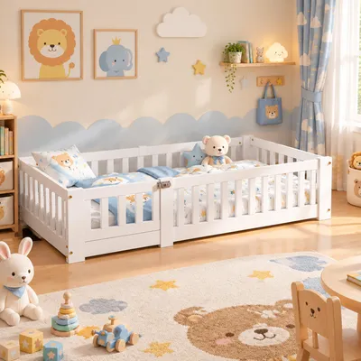Productafbeelding van INONEFT Kinderbed 90x200 cm, Montessori-bed, laag bed, houten bed met valbeveiliging en deur, lattenbodem en valbeveiliging, speelbed, eenpersoonsbed, wit