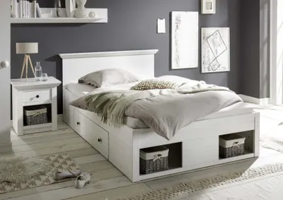 Produktbild von Funktionsbett 140x200 cm weiß Pinie mit 2x Bettschubladen WALES