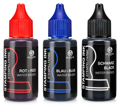 Immagine prodotto di 3x 30 ml  per tamponi e timbri autoinchiostranti senza olio, set con nero, blu, rosso