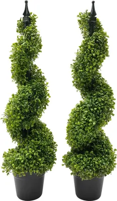Image de Bonsaï artificiel en pot - Topiaire en spirale - Lot de 2 - 90 cm - Pour l'intérieur et l'extérieur - Vert