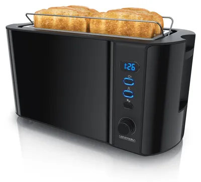 Zdjęcie produktu dla Toster Arendo na 4 kromki, długa szczelina, stal nierdzewna, 1500 W, wyświetlacz ze wskaźnikiem pozostałego czasu, funkcja rozmrażania, obudowa termoizolacyjna, czarny połysk