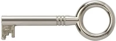 A silver key with a circular handle and a notched bit is shown against a white background.