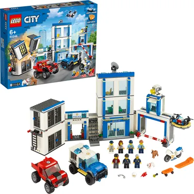 Produktbild von LEGO 60246 City Polizeistation, Polizei-Spielzeug, Set mit LKW, Motorrad, Polizeigebäude sowie Sound- und Leuchtsteinen, Kinderspielzeug