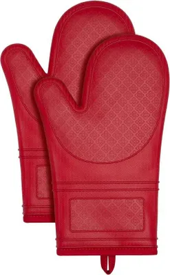 Imagen del producto de Unyqoos® - Juego de 2 guantes de horno – Silicona, resistentes al calor hasta 300 °C, antideslizantes, certificados LFGB, forro interior de felpa, color rojo, 31 x 15 cm