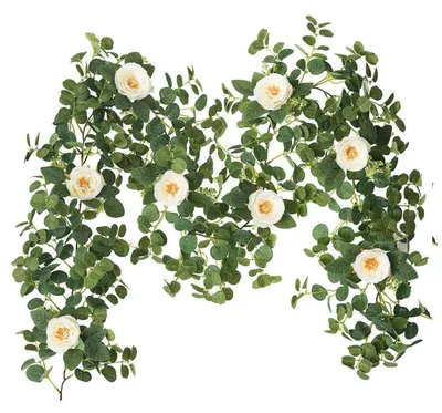 Productafbeelding van Kunstbloemenketting, 2 meter lang, met zijdenrozen en groene bladeren, champagnekleur
